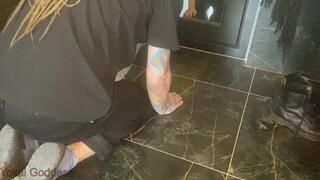 Licking two pairs of shoes, spitting and trampling