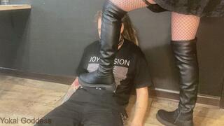 Groin, legs and stomach trampling in over the knee boots as punishment