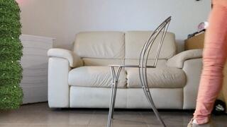 Raven: Toe tapping crossed legs with beige high hells and orange jeans