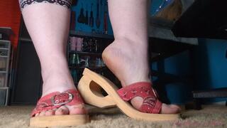 Red Denim Foam Wedge Heels with Long Toenails