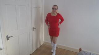 wearing red dress Stockings and suspenders and boots stripping