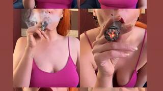 Inhaling a long cigar without bra - deep puffs