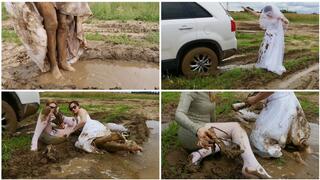 EXCLUSIVE PREMIERE: HORNY GIRLS get car stuck in deep mud on the way to get married