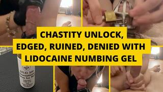 Chastity unlock, edged, ruined, denied with lidocaine numbing gel