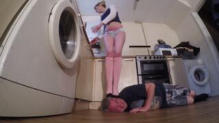 Chelsea Tries To Hide Her Panties From Her Neighbors Whilst Stood On Her Slaves Head FLOOR CAM