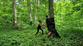NoirQueenie and Faith - forest adventures part 7 - Mummification and whipping in the forest