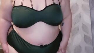 BBW redhead trips off lingerie