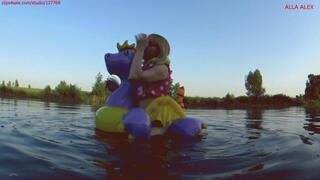 Alla is a hot rider on a squeaky inflatable magic dragon on the lake!!!