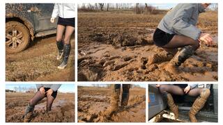 PREMIERE: Emily stuck in crazy deep soft mud hard in high heel boots