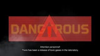 A lab accident or Sonya in a gray latex vacuum bed wearing a gas mask