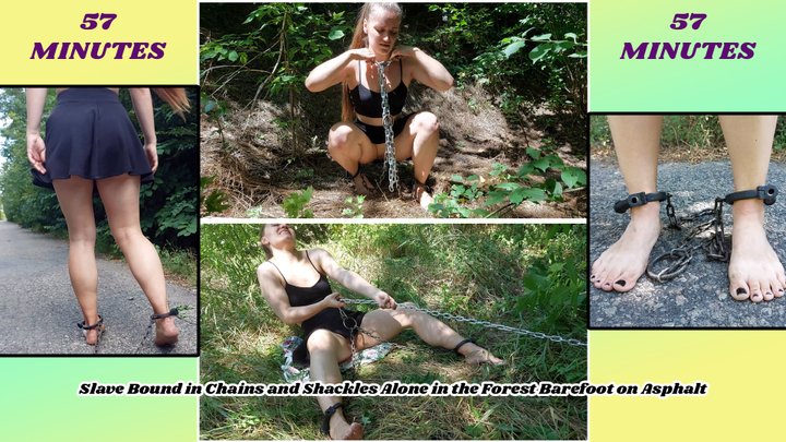 Slave Bound In Chains And Shackles Alone In The Forest Barefoot On Asphalt Bondage Walking