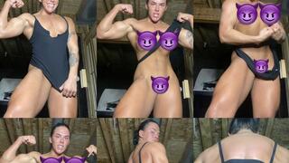 Nude Shirt Ripping, Grunting, Aggressive Female Bodybuilder Muscular Woman Flexing Sweaty