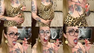 Winston 100s - Mature and pregnant smoker, in her beautiful long dress, showing all her love for nicotine - Deep Inhales, Mouth Inhales and open mouth exhales, Triple pumps, Smoke rings, Crush, Coughing