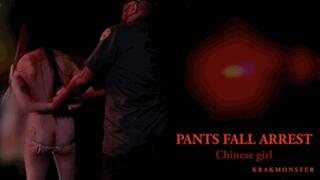PANTS FALL ARREST : ASIAN SPA RAID : Chinese woman with long hair arrested TOPLESS as pants fall down eXposing hairy bush , ass crack , pierced nipples outdoors in rain + TV NEWS REPORT footage 1024p HD wmv