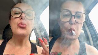 Newport - Smoking in the car - Deep Inhales, Mouth Inhales and open mouth exhales, Long red nails, long hair, no makeup