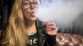 Marlboro reds - Audible inspirations - Long drag - Deep Inhales - Mouth Inhales and open mouth exhales - Coughing - Triple pumps - Smoke rings - Genuine leather jacket - Long hair - Long red nails - No makeup