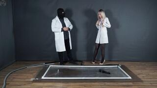 Silly blonde nurse in vacuum bed and vibro