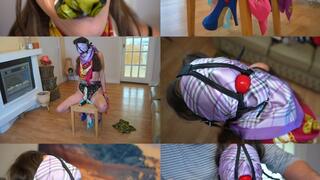 Scarf bound & scarf gag with ball gag harness and pvc tape, claires orgasm struggle (mp4)