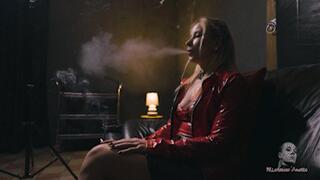 Smoking in her red jacket 4K MP4