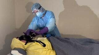 Masked and Gloved Stepdaughter Assists Father with Respirator Filter