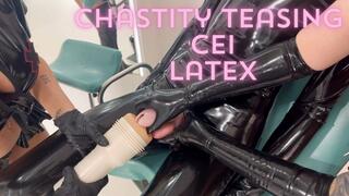 Chastity teasing and CEI on latex gimp with Evil Woman