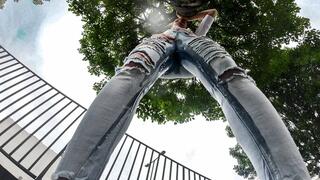 Linda Le Claire WETTING Jeans on the street