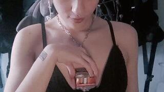 Standing while smoking in lingerie & a skirt | Astrid