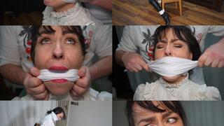 Governess black swann chair tied and triple handkerchief gagged (wmv)