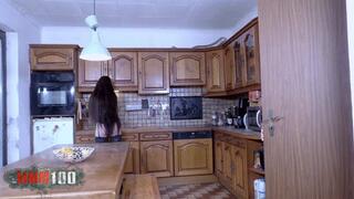 Stunning young brunette with a tight little ass fucked in the kitchen