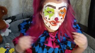 clown girl poping balloons and glove