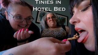 Tinies in Hotel Bed! - with Sara Star, Miss Devora Moore, and Jane Judge in an unaware giantess film ft stomping, boots, vore, and BBW boob smushing tiny man POV