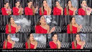 Getting ready for Christmas Eve! Watch me apply red lipstick and smoke for you in my sparkly red dress!