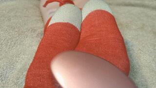 Tied ankles &amp; tickled with a brush starts with socks on, eventually removed and oily soles are tickled