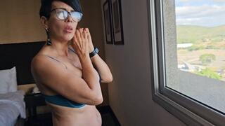 Milah Arches modelling her stockings and her lingerie