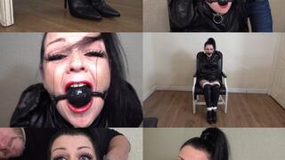 Evil emma leather bound mistress, ball gagged and otm gag (mp4)