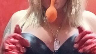 blowing balloon in gloves