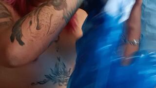 blowing blue whale riding nacked in oil