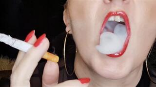 Intense Chainsmoke from 2 Marlboro Red 100s with short barking cough sequences and more