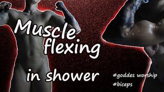 Goddess flexing her muscles in shower