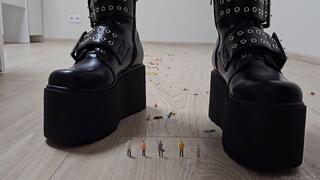 Giantess Crushes Tinies & Village in Two Pairs of Gothic Boots