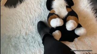 a soft toy has to suffer from cute boots and nylon