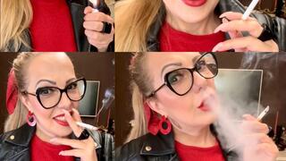 MARLBORO REDS 100S - Leather and Smoke - Mouth Inhales and open mouth exhales, Deep Inhales, Triple pumps, Multiple pumps, Nose exhales, Smoke rings, Crush, Genuine leather jacket, Vinyl boots, Red lipstick, Long nails