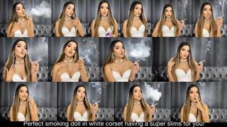 Perfect smoking doll in shiny white corset smoking a super slims 100s cigarette for you!