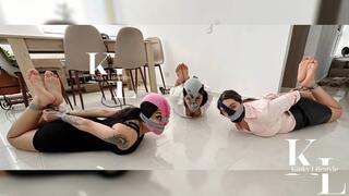 Three Dirty Socks Mouth Stuffed into Three Dirty Panty Mask WrapGagged Girls (Tape Hogtie and WrapGag)