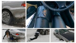HOT CAR STUCK: Emily with vibrator in pussy got her BMW stuck in snow hard