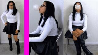 eRica shows us how she chews gum and blows bubbles while wearing a white turtleneck & leather skirt!