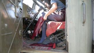 Girl in high heels red boots tames the monster truck from the USSR