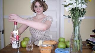 Brat Girl Eats Topless and Jiggles Tits