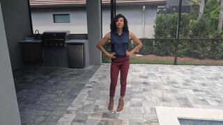 Natalie Swims in Maroon Pants and Sleeveless Shirt