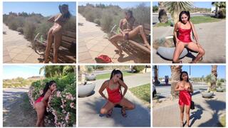 Walking in public, through the city with a dress and high heels, I take off my clothes, put oil on my body and masturbate